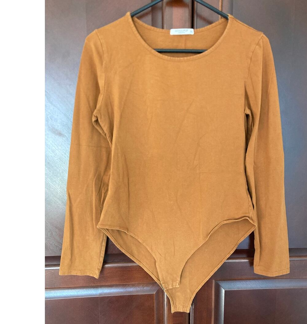 Mangopop - Rachel Green Style Y2K 90s Minimalist Camel Long Sleeve Bodysuit - XL